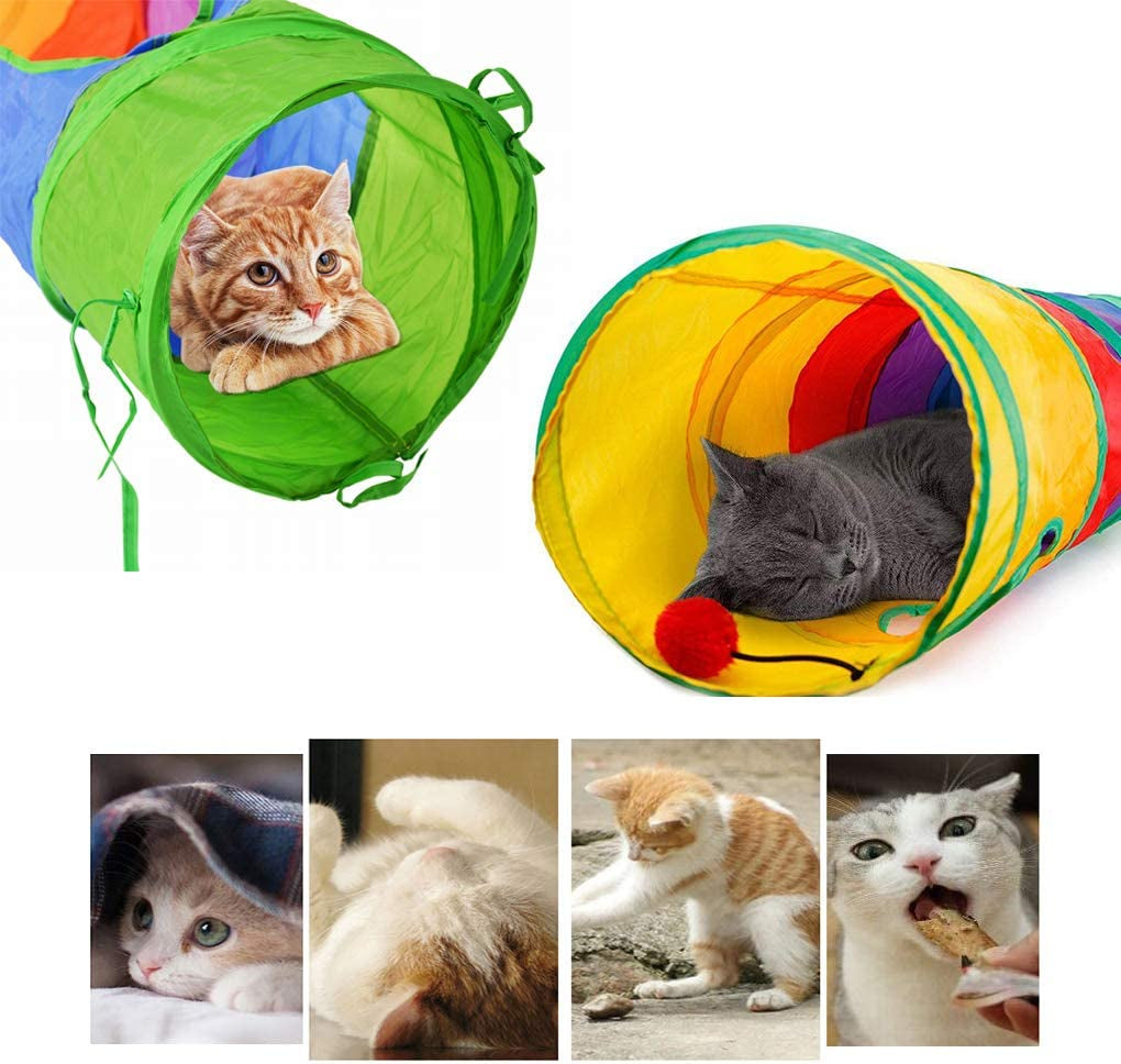 Indoor Cat Tunnel, 45-Inch Rainbow Collapsible Tube with Ball and Dual Openings for Kittens - Ideal for Exercise, Hiding, and Training (Colorful)