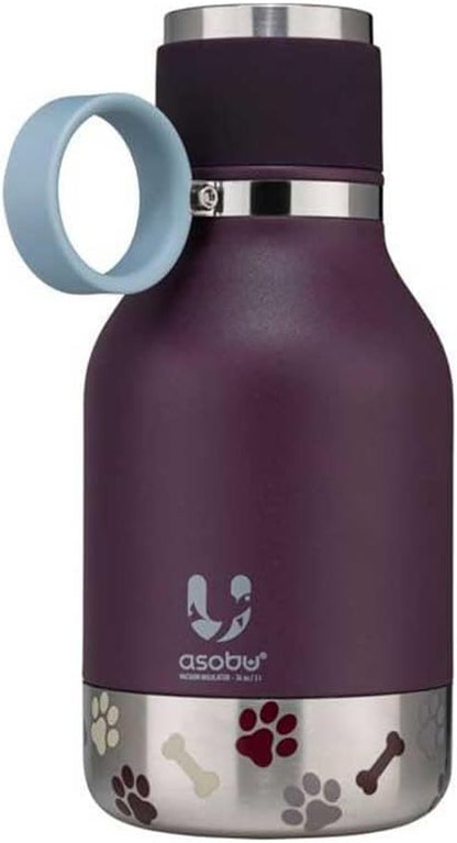Stainless Steel Insulated Water Bottle with Removable Dog Water Bowl and Food Storage Compartment - Burgundy, 37 Oz