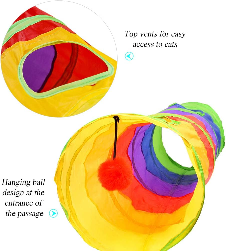 Indoor Cat Tunnel, 45-Inch Rainbow Collapsible Tube with Ball and Dual Openings for Kittens - Ideal for Exercise, Hiding, and Training (Colorful)