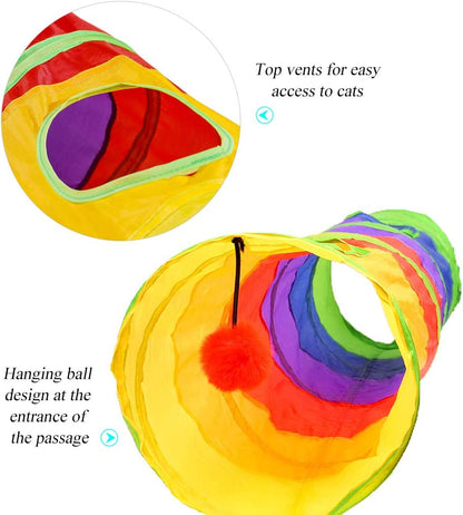 Indoor Cat Tunnel, 45-Inch Rainbow Collapsible Tube with Ball and Dual Openings for Kittens - Ideal for Exercise, Hiding, and Training (Colorful)