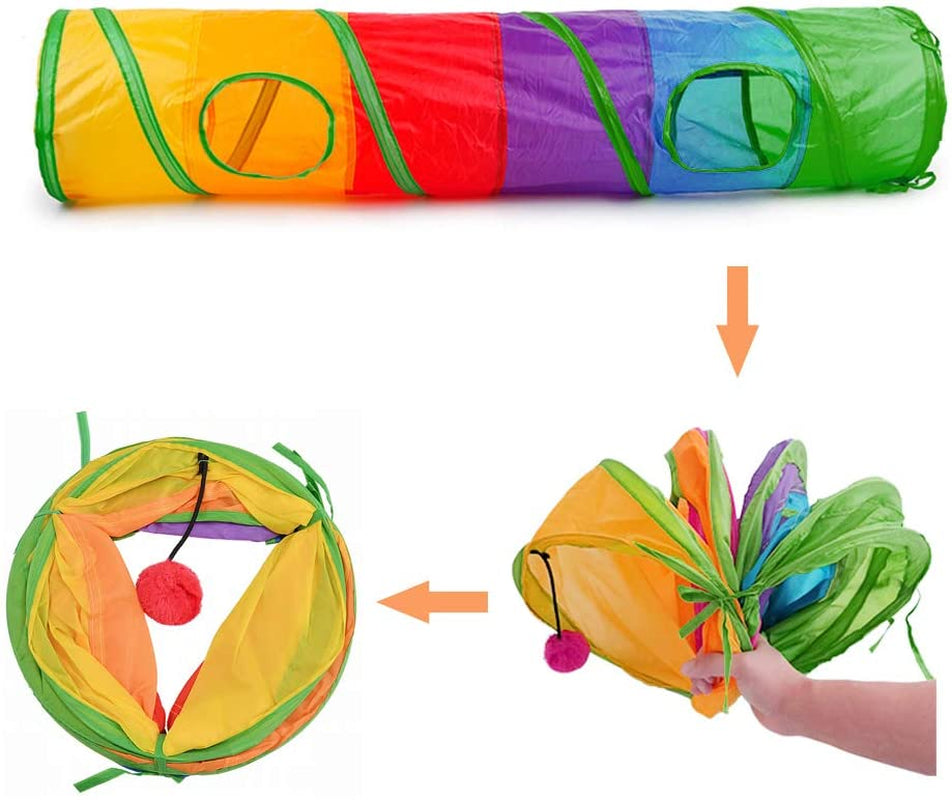 Indoor Cat Tunnel, 45-Inch Rainbow Collapsible Tube with Ball and Dual Openings for Kittens - Ideal for Exercise, Hiding, and Training (Colorful)