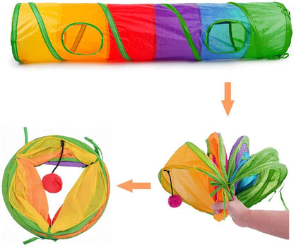 Indoor Cat Tunnel, 45-Inch Rainbow Collapsible Tube with Ball and Dual Openings for Kittens - Ideal for Exercise, Hiding, and Training (Colorful)