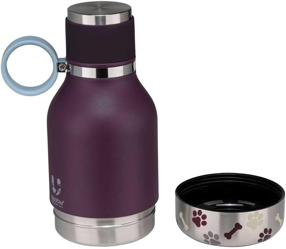 Stainless Steel Insulated Water Bottle with Removable Dog Water Bowl and Food Storage Compartment - Burgundy, 37 Oz