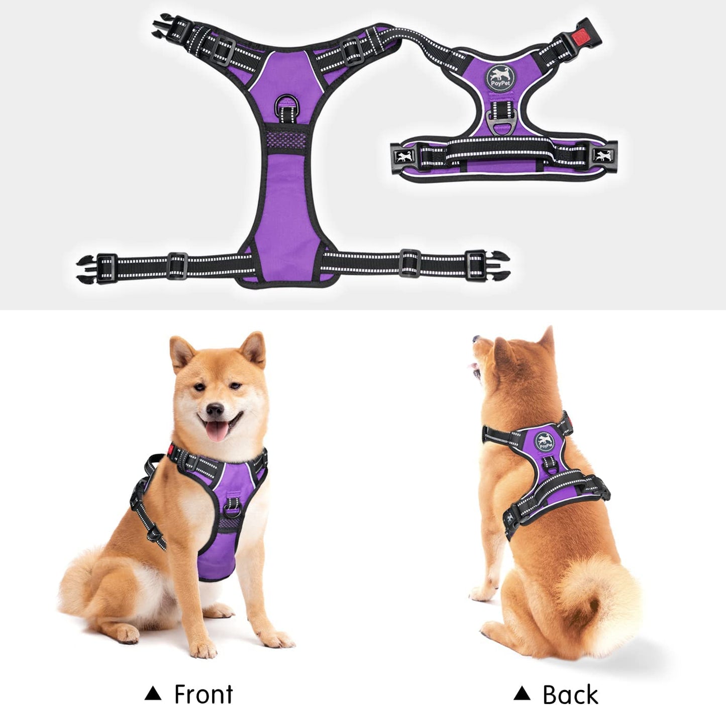 Adjustable No-Pull Dog Harness with Reflective Front Clip and Soft Padded Vest, Includes Easy Control Handle for Small to Large Dogs (Purple, Medium)