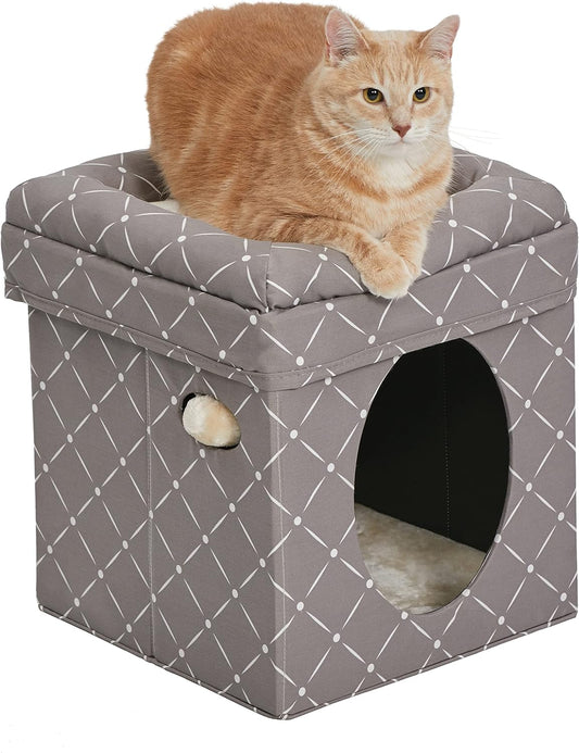 Feline Nuvo Foldable Cat Cube Hideout with Toy and Bolstered Faux Fur Bed Top in Mushroom Diamond Design