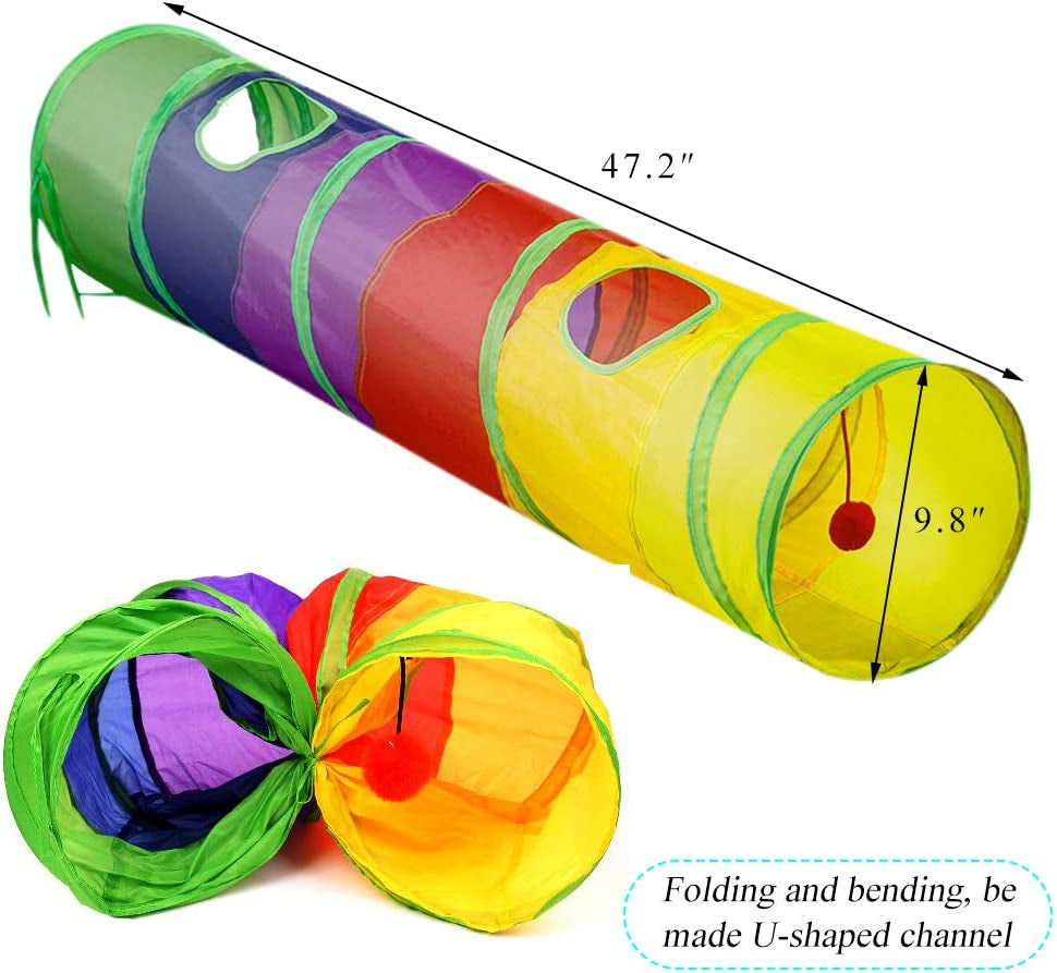 Indoor Cat Tunnel, 45-Inch Rainbow Collapsible Tube with Ball and Dual Openings for Kittens - Ideal for Exercise, Hiding, and Training (Colorful)