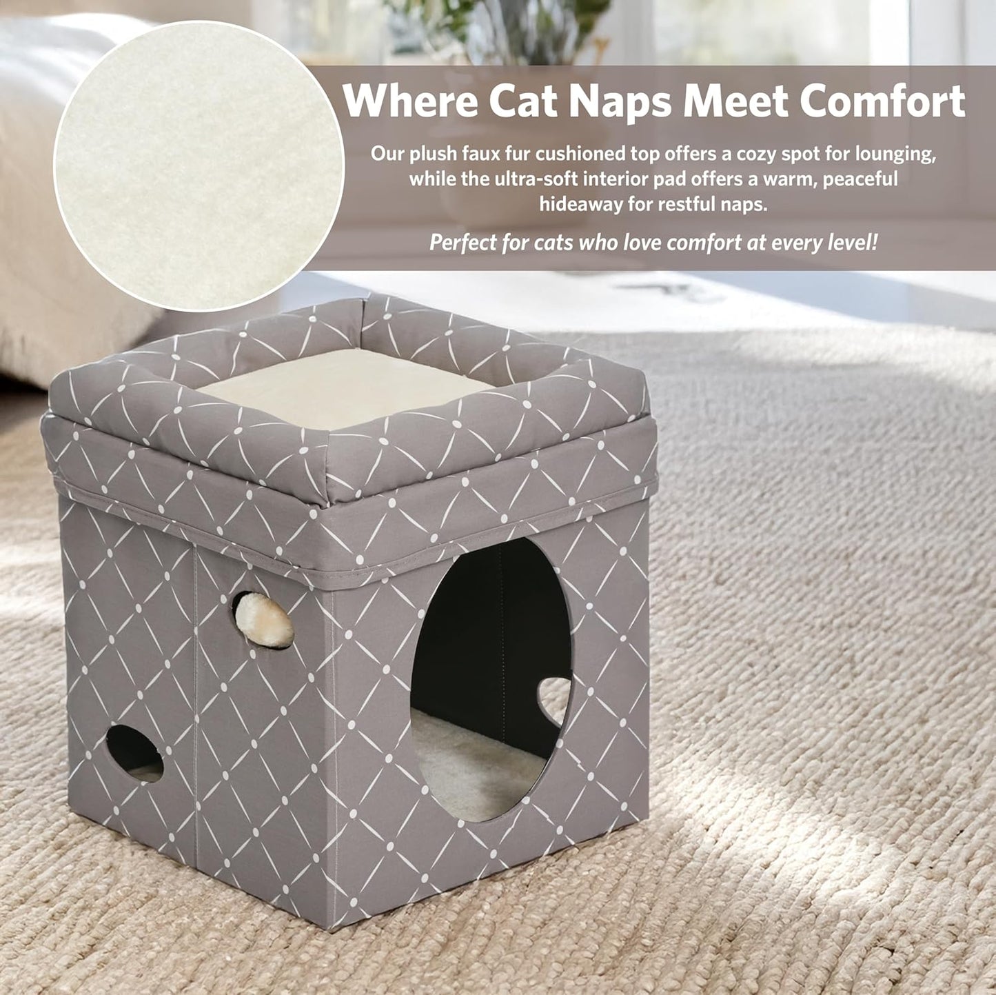 Feline Nuvo Foldable Cat Cube Hideout with Toy and Bolstered Faux Fur Bed Top in Mushroom Diamond Design