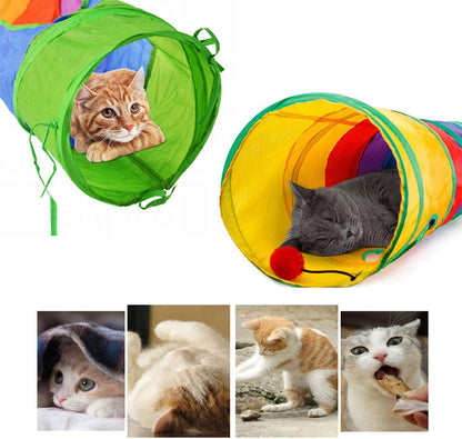 Indoor Cat Tunnel, 45-Inch Rainbow Collapsible Tube with Ball and Dual Openings for Kittens - Ideal for Exercise, Hiding, and Training (Colorful)