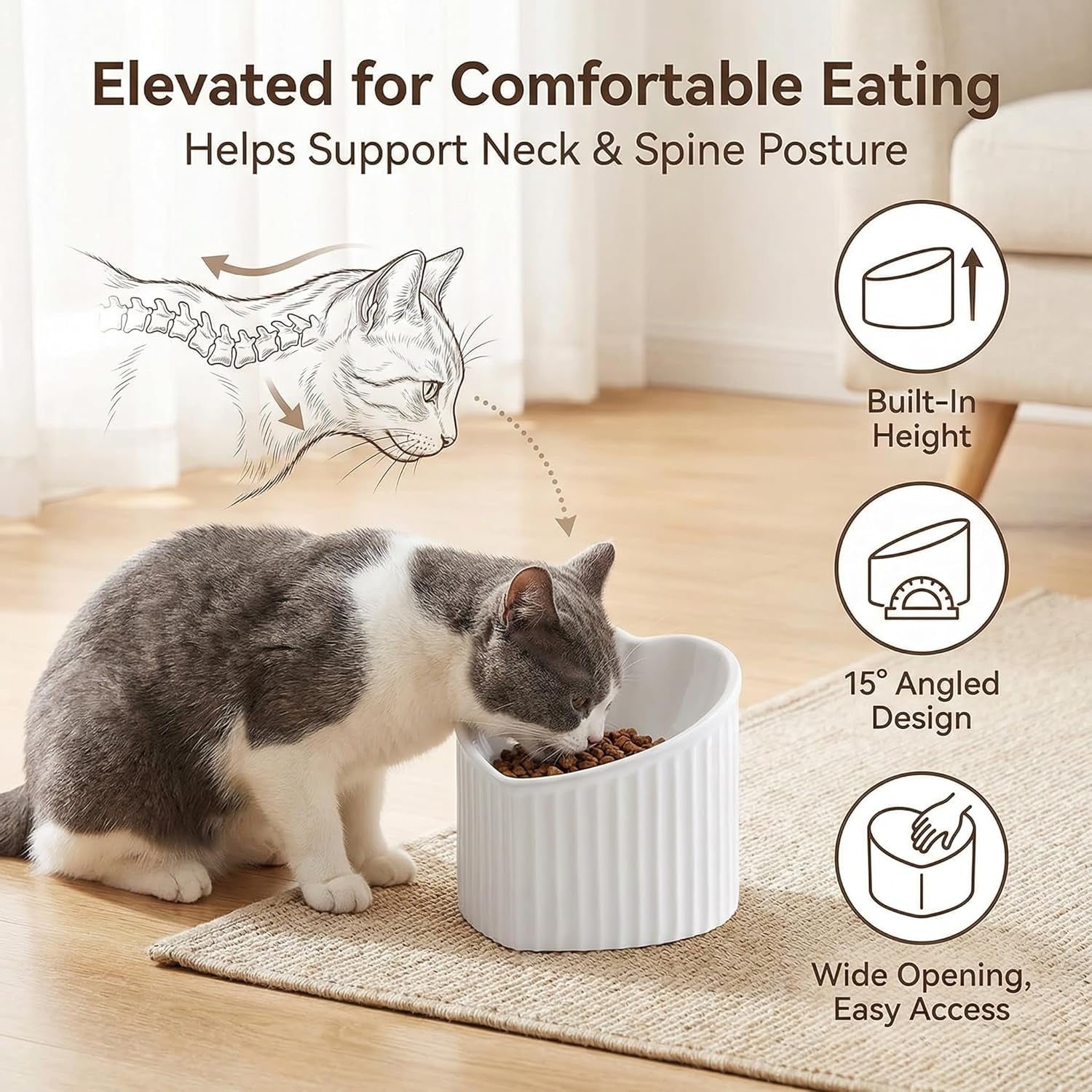Dark Green Elevated Ceramic Cat Bowls for Food and Water, Stress-Free Design with Backflow Prevention, Dishwasher and Microwave Safe, Lead and Cadmium Free
