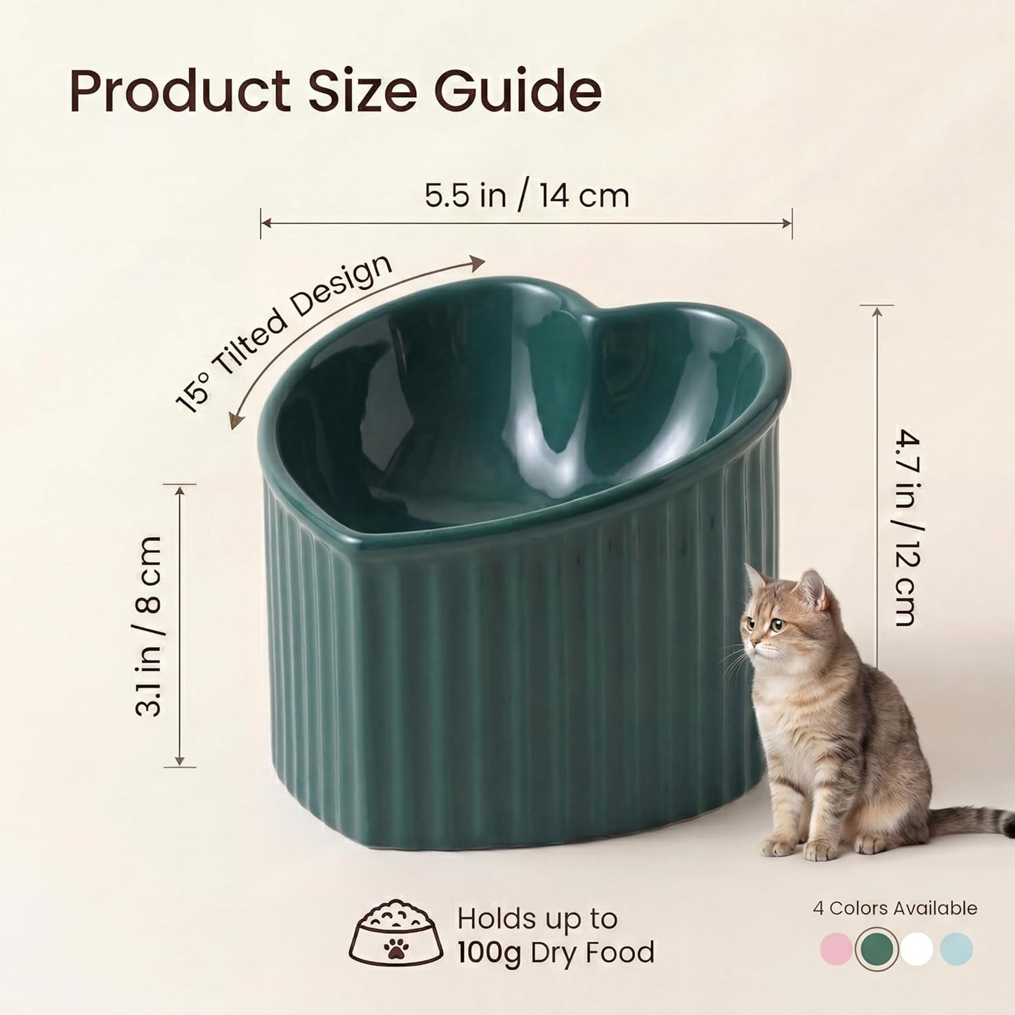 Dark Green Elevated Ceramic Cat Bowls for Food and Water, Stress-Free Design with Backflow Prevention, Dishwasher and Microwave Safe, Lead and Cadmium Free