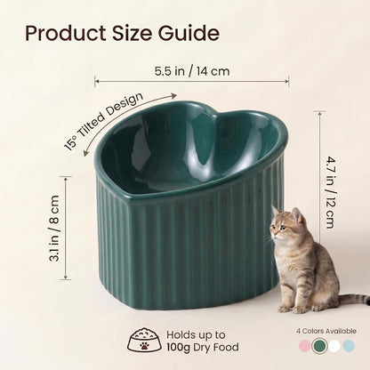 Dark Green Elevated Ceramic Cat Bowls for Food and Water, Stress-Free Design with Backflow Prevention, Dishwasher and Microwave Safe, Lead and Cadmium Free