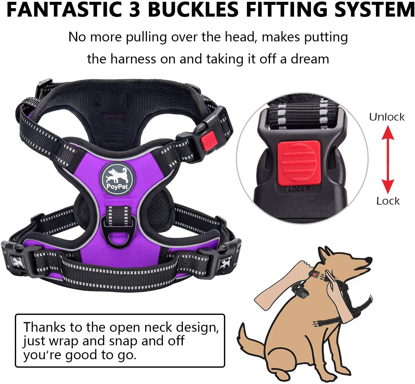 Adjustable No-Pull Dog Harness with Reflective Front Clip and Soft Padded Vest, Includes Easy Control Handle for Small to Large Dogs (Purple, Medium)