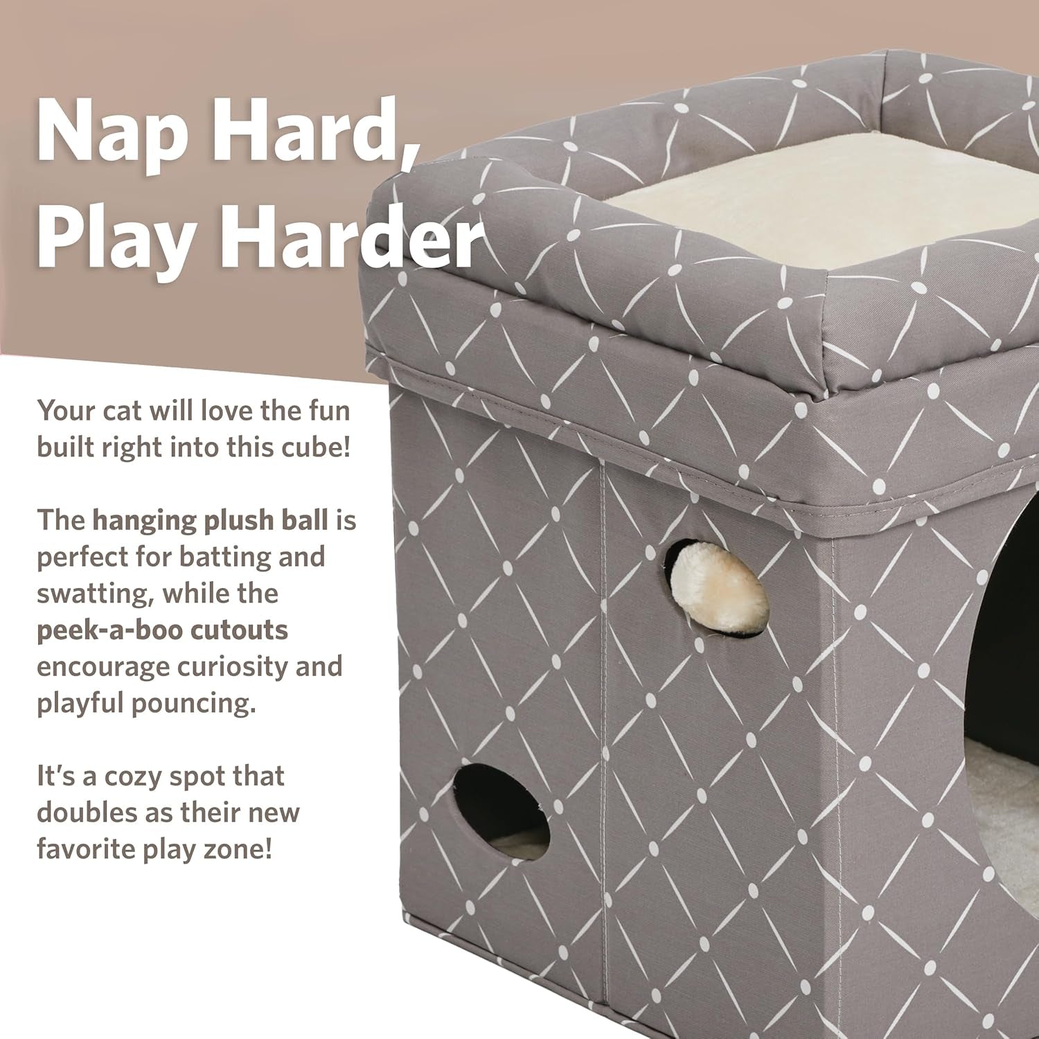 Feline Nuvo Foldable Cat Cube Hideout with Toy and Bolstered Faux Fur Bed Top in Mushroom Diamond Design