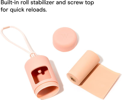 Dog Waste Bag Holder and Dispenser with Leash Attachment, Leak-Proof Design, Easy Twist Top for Refills, Includes One Roll of Bags, Blush Color