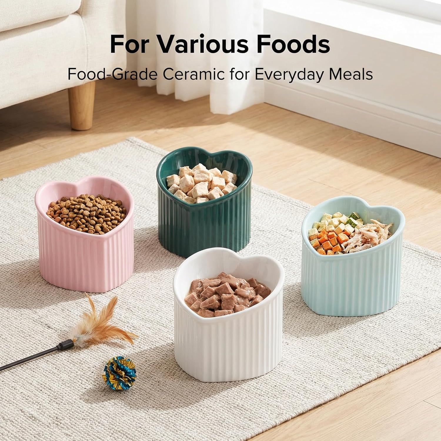 Dark Green Elevated Ceramic Cat Bowls for Food and Water, Stress-Free Design with Backflow Prevention, Dishwasher and Microwave Safe, Lead and Cadmium Free
