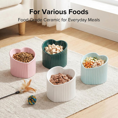 Dark Green Elevated Ceramic Cat Bowls for Food and Water, Stress-Free Design with Backflow Prevention, Dishwasher and Microwave Safe, Lead and Cadmium Free