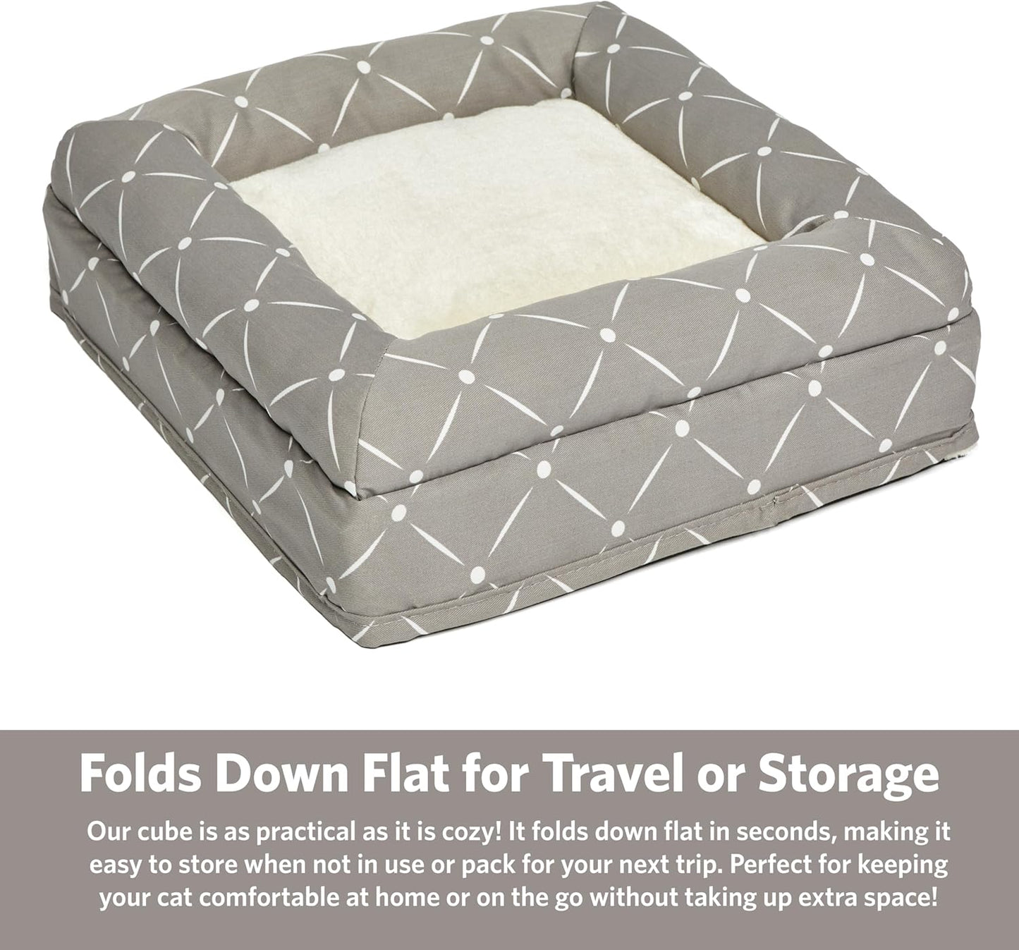 Feline Nuvo Foldable Cat Cube Hideout with Toy and Bolstered Faux Fur Bed Top in Mushroom Diamond Design