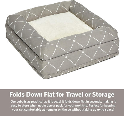Feline Nuvo Foldable Cat Cube Hideout with Toy and Bolstered Faux Fur Bed Top in Mushroom Diamond Design