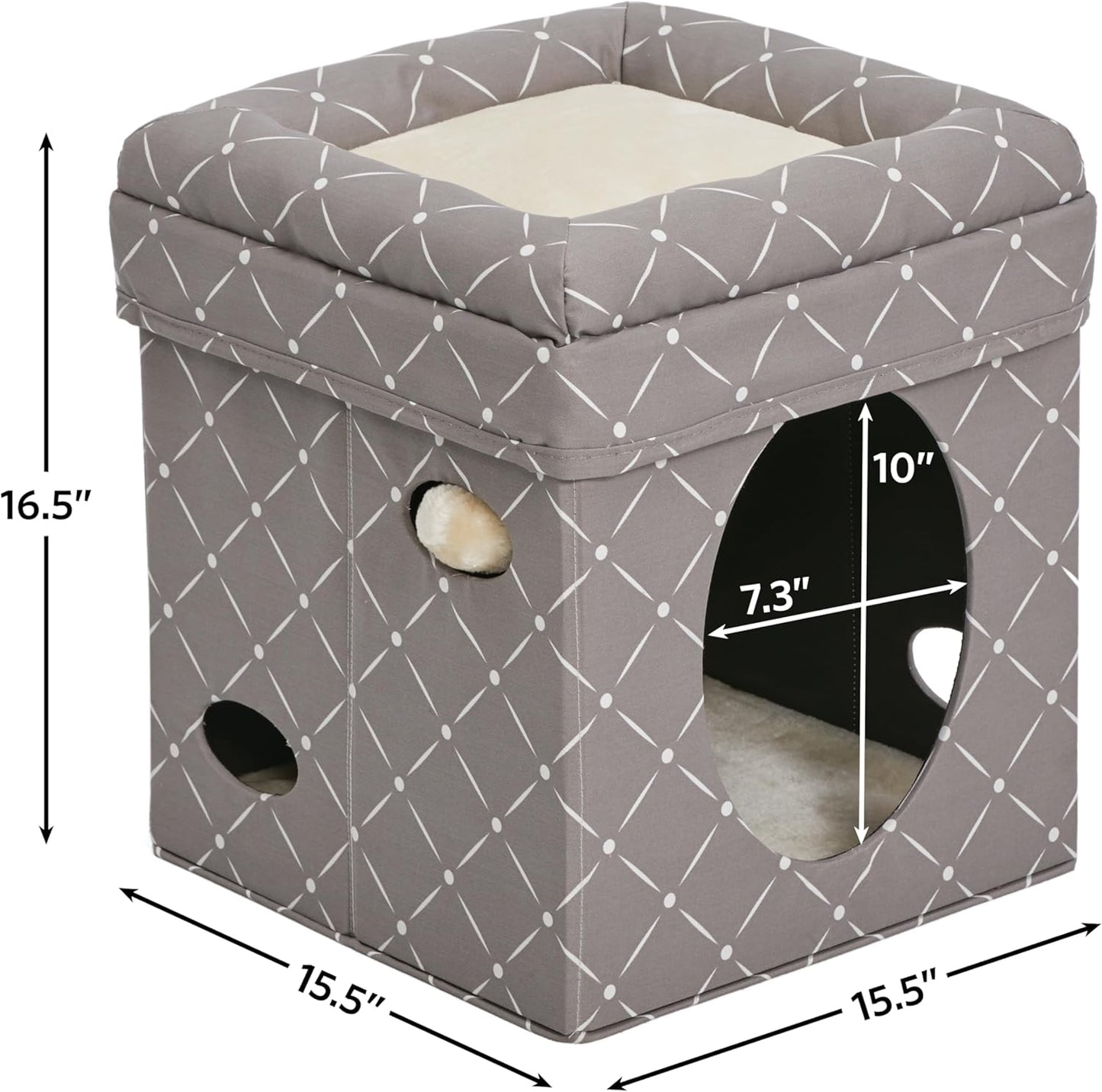 Feline Nuvo Foldable Cat Cube Hideout with Toy and Bolstered Faux Fur Bed Top in Mushroom Diamond Design