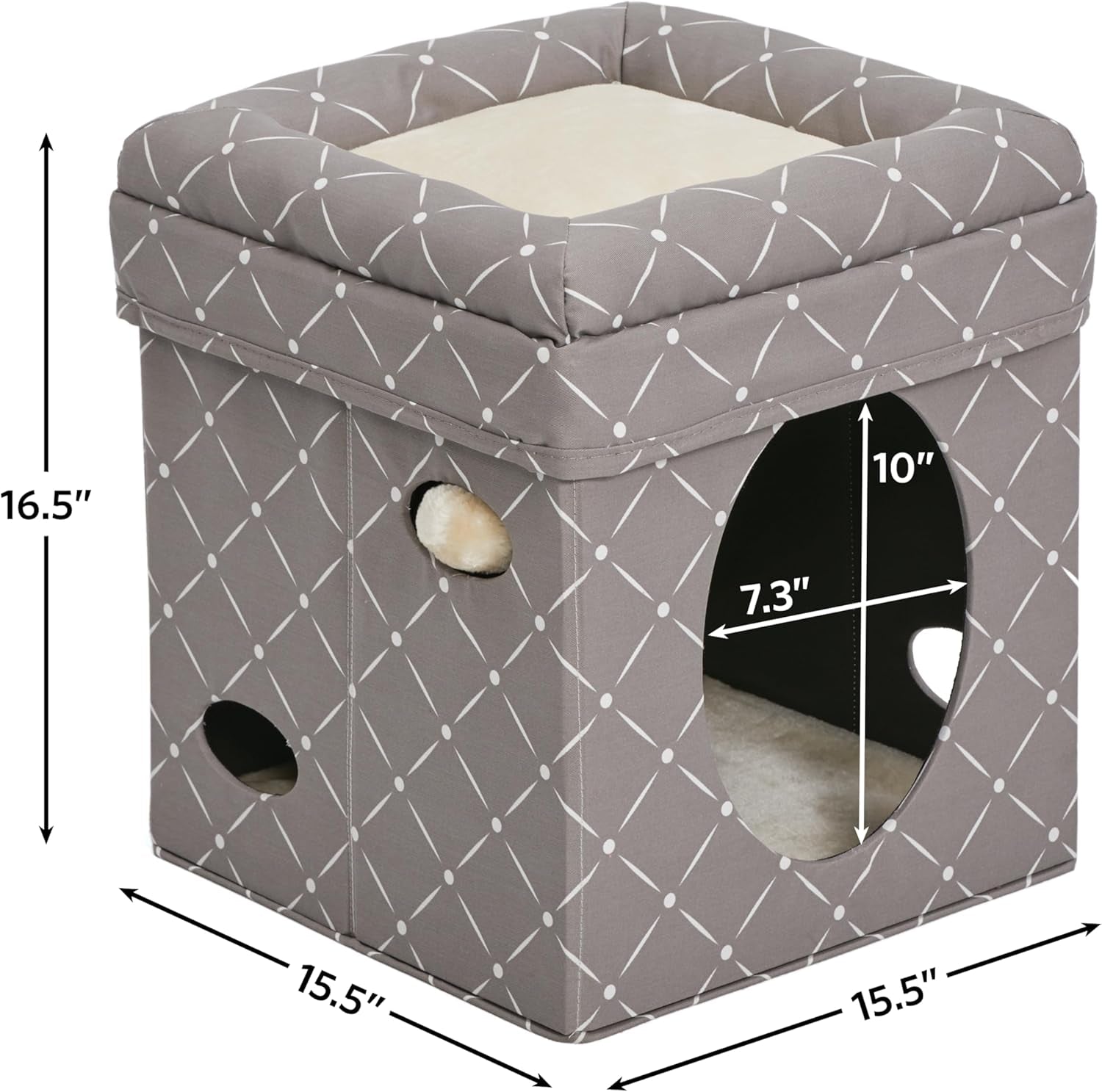 Feline Nuvo Foldable Cat Cube Hideout with Toy and Bolstered Faux Fur Bed Top in Mushroom Diamond Design
