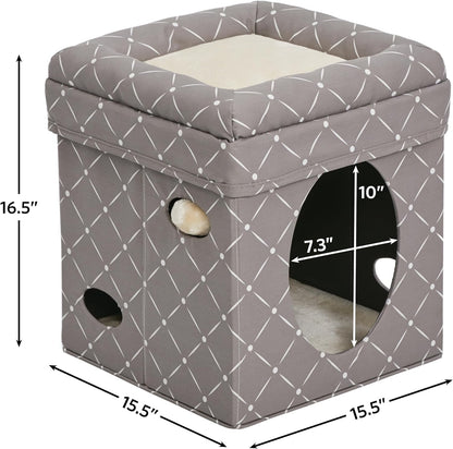 Feline Nuvo Foldable Cat Cube Hideout with Toy and Bolstered Faux Fur Bed Top in Mushroom Diamond Design