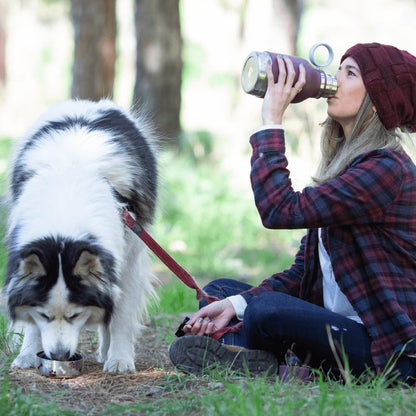 Stainless Steel Insulated Water Bottle with Removable Dog Water Bowl and Food Storage Compartment - Burgundy, 37 Oz