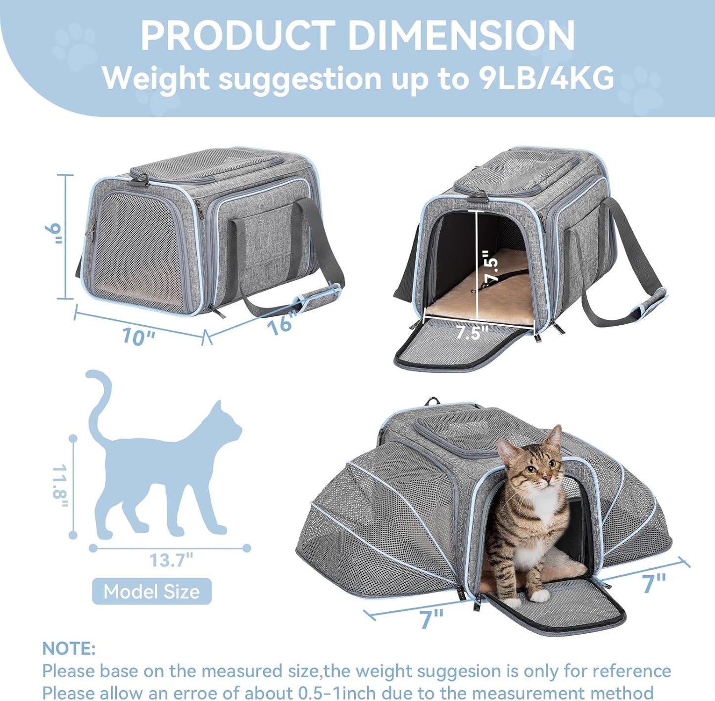 Expandable Soft-Sided Pet Carrier for Cats and Small Dogs, Airline Approved, Portable and Washable with Two Extensions for Pets Up to 9LB