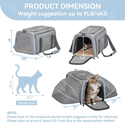 Expandable Soft-Sided Pet Carrier for Cats and Small Dogs, Airline Approved, Portable and Washable with Two Extensions for Pets Up to 9LB