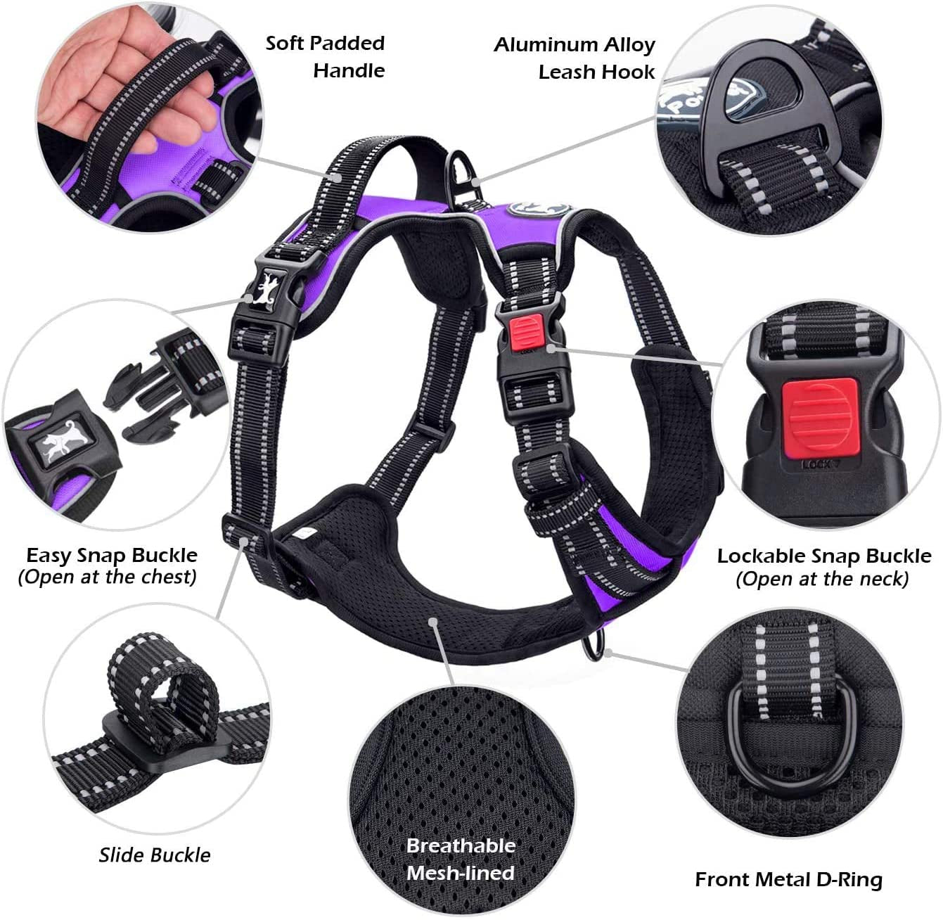 Adjustable No-Pull Dog Harness with Reflective Front Clip and Soft Padded Vest, Includes Easy Control Handle for Small to Large Dogs (Purple, Medium)