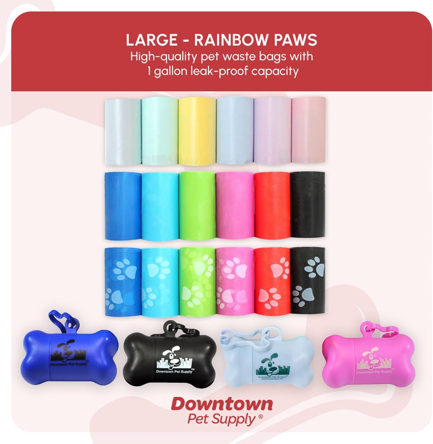Dog Waste Bags with Dispenser - 180 Count Leak-Proof Poop Bags and Bone-Shaped Holder for Leash - Rainbow Design with Paw Prints, 12.5" x 8.5