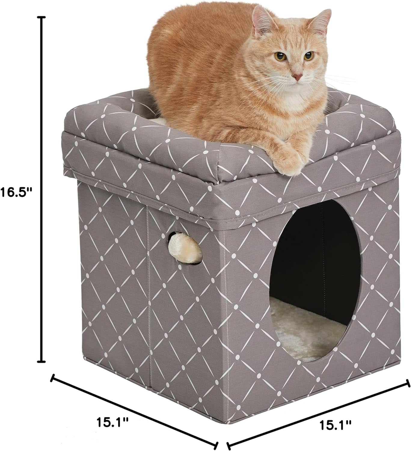 Feline Nuvo Foldable Cat Cube Hideout with Toy and Bolstered Faux Fur Bed Top in Mushroom Diamond Design