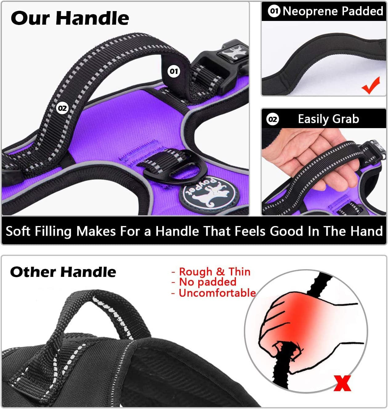 Adjustable No-Pull Dog Harness with Reflective Front Clip and Soft Padded Vest, Includes Easy Control Handle for Small to Large Dogs (Purple, Medium)