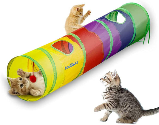 Indoor Cat Tunnel, 45-Inch Rainbow Collapsible Tube with Ball and Dual Openings for Kittens - Ideal for Exercise, Hiding, and Training (Colorful)