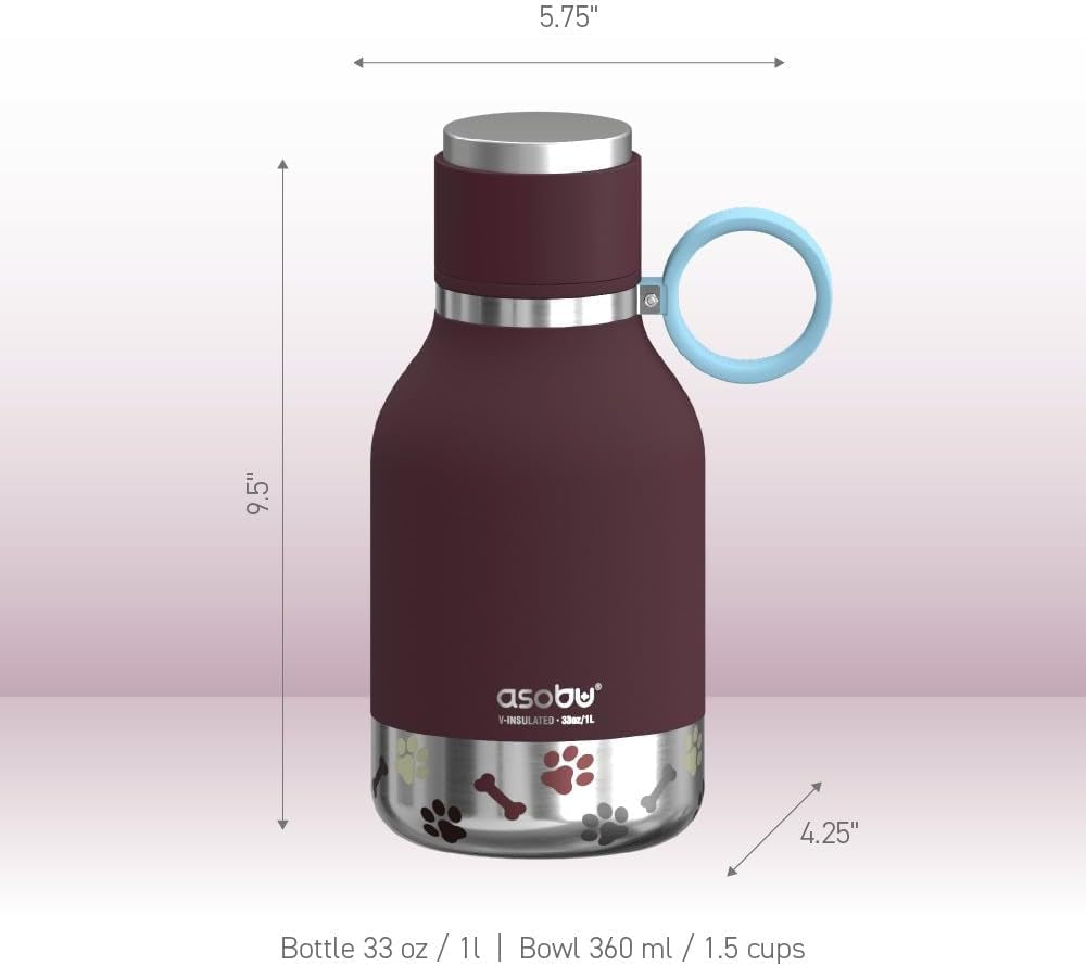 Stainless Steel Insulated Water Bottle with Removable Dog Water Bowl and Food Storage Compartment - Burgundy, 37 Oz