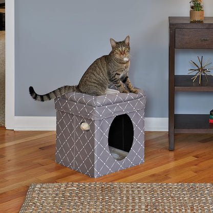 Feline Nuvo Foldable Cat Cube Hideout with Toy and Bolstered Faux Fur Bed Top in Mushroom Diamond Design