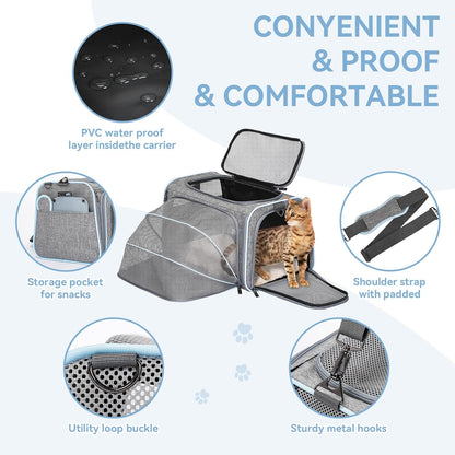 Expandable Soft-Sided Pet Carrier for Cats and Small Dogs, Airline Approved, Portable and Washable with Two Extensions for Pets Up to 9LB
